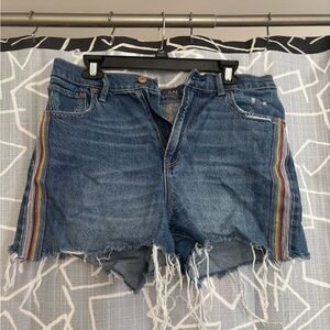 American Eagle Denim Shorts with Fringe and Rainbow Accents